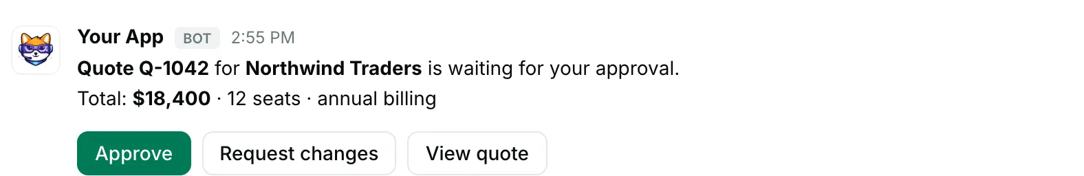 Buttons in an actions block — how it renders in Repzo Chat