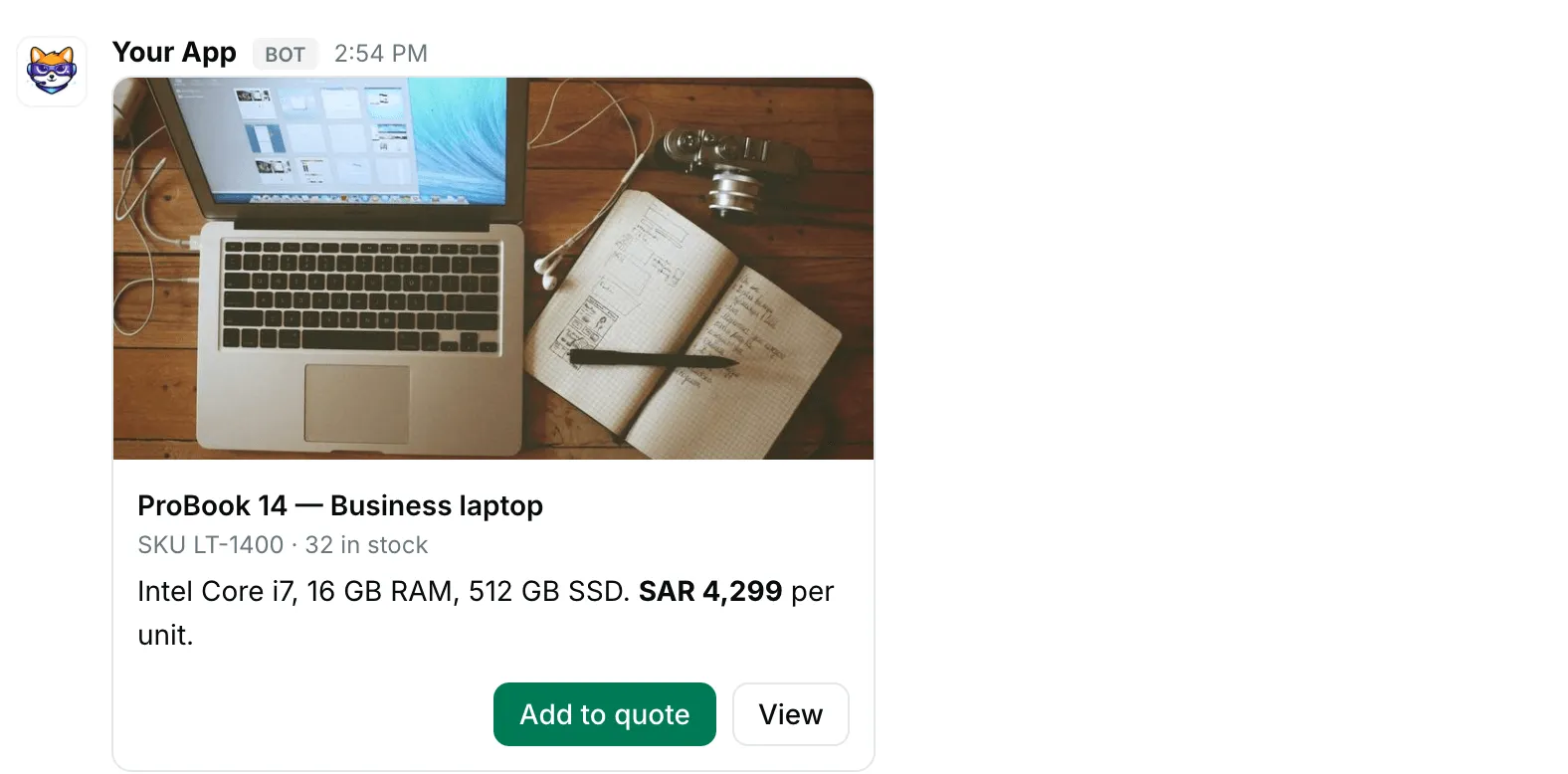 A product card — how it renders in Repzo Chat