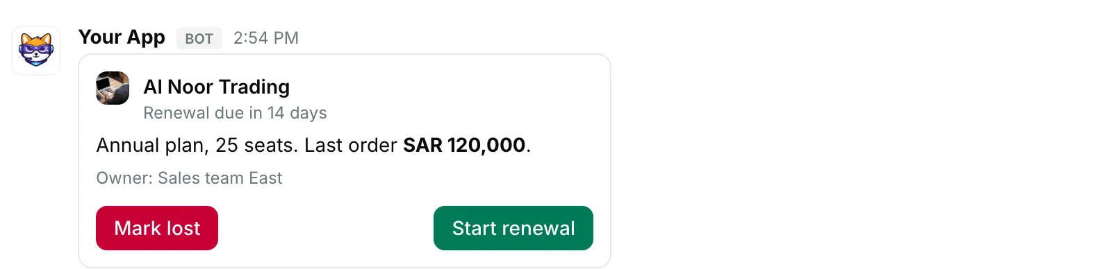 A record card with an icon — how it renders in Repzo Chat