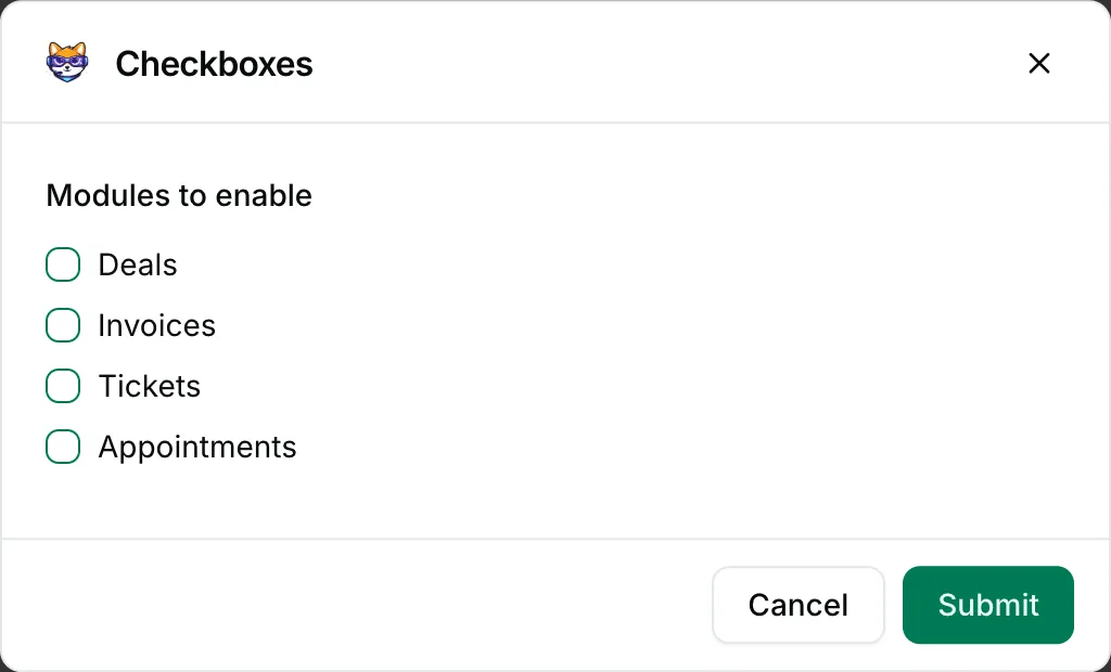 Checkboxes in a form — how it renders in Repzo Chat