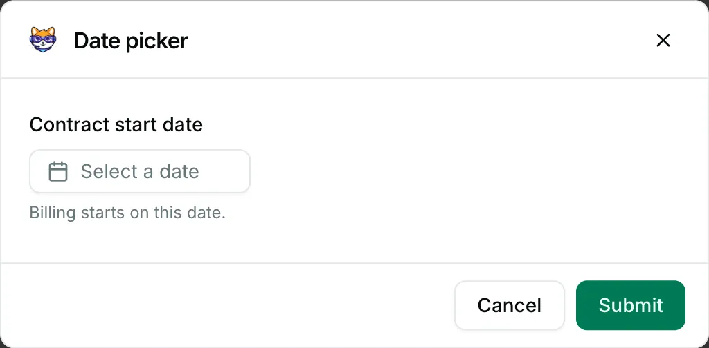 A date picker in a form — how it renders in Repzo Chat