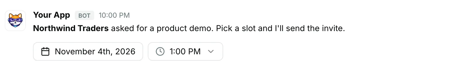 A datetime picker in an actions block — how it renders in Repzo Chat