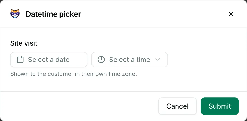 A datetime picker in a form — how it renders in Repzo Chat
