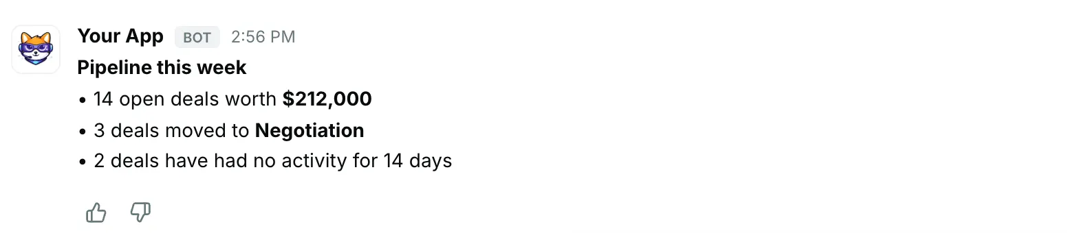 Feedback buttons under a reply — how it renders in Repzo Chat