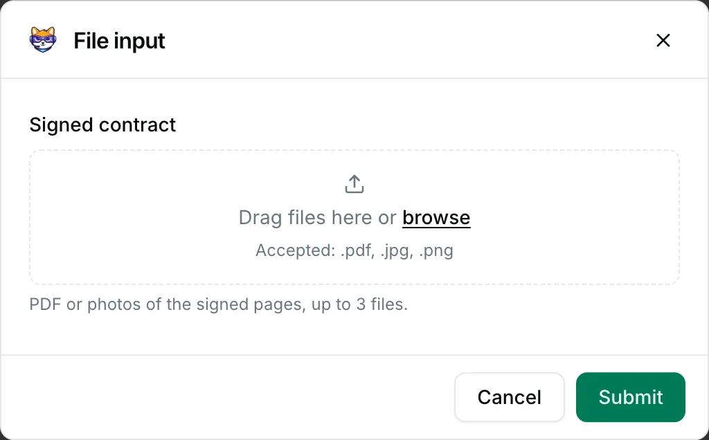 A file input in a form — how it renders in Repzo Chat