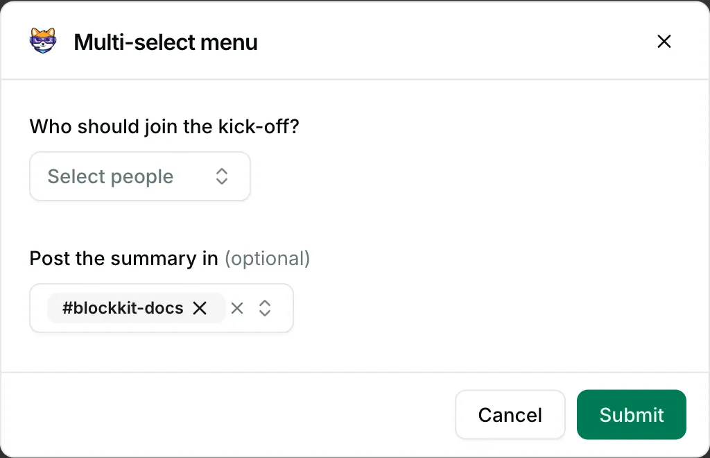 People and channel pickers in a form — how it renders in Repzo Chat