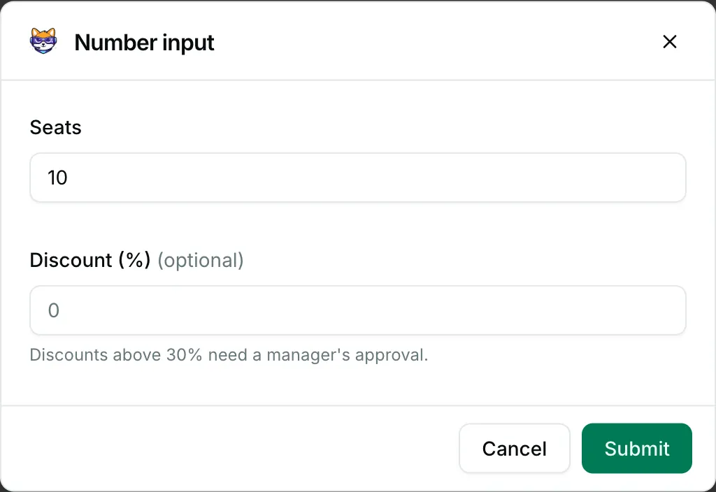 Number inputs in a form — how it renders in Repzo Chat