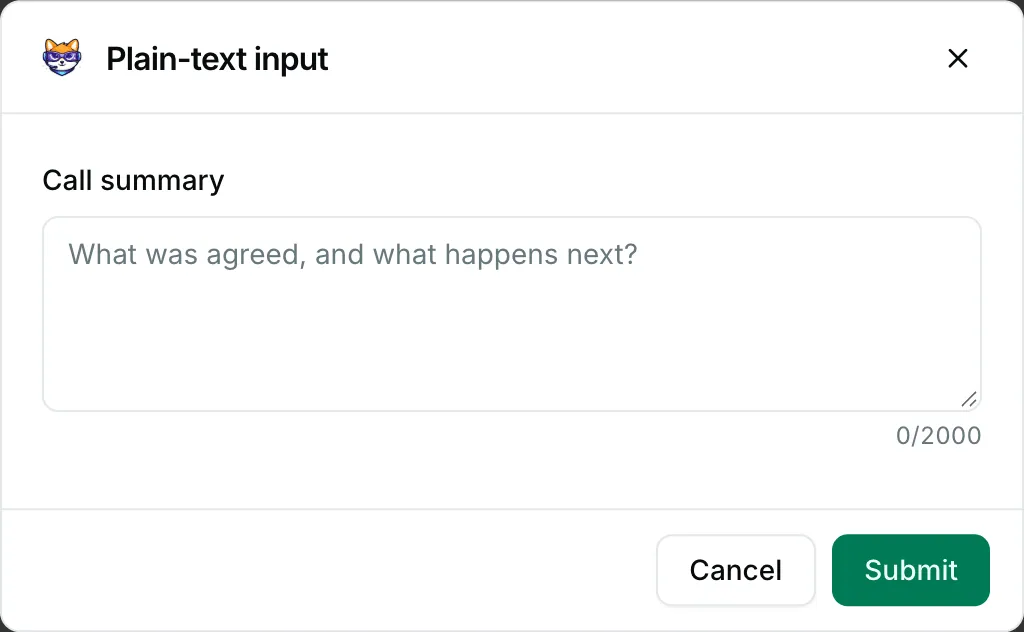 A multi-line input in a form — how it renders in Repzo Chat