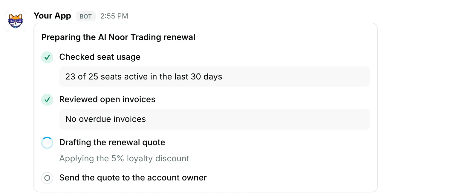 An agent preparing a renewal — how it renders in Repzo Chat