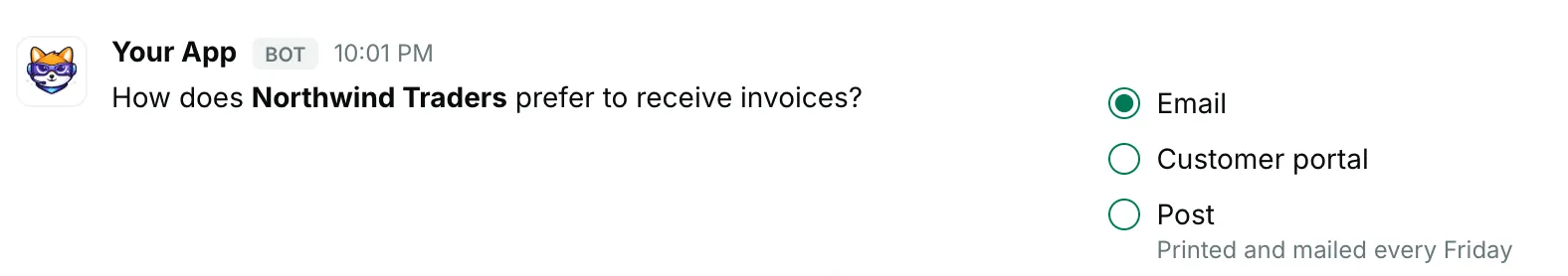 Radio buttons in a section — how it renders in Repzo Chat