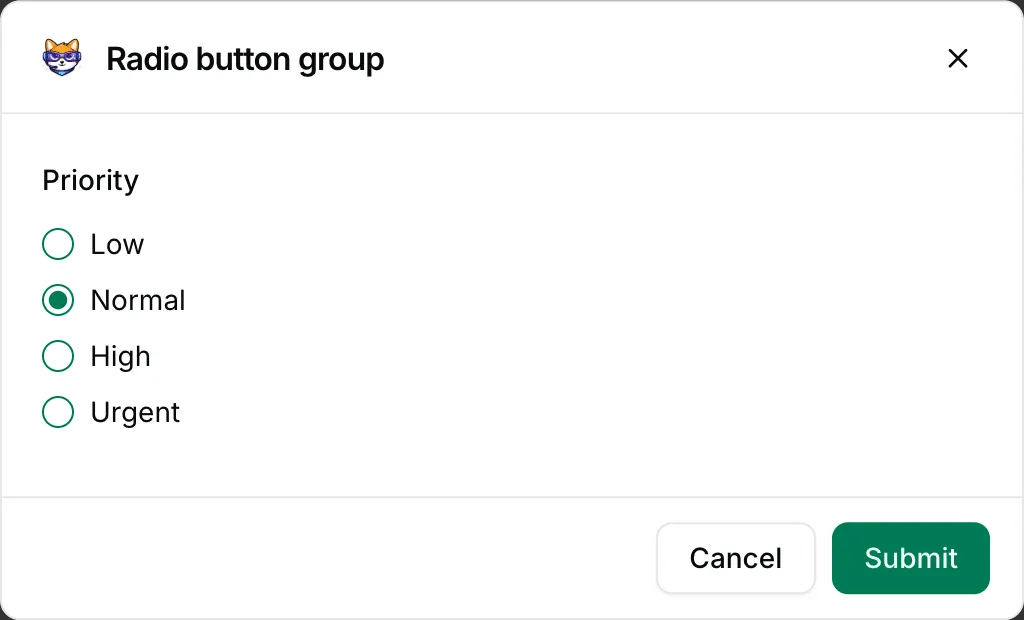 Radio buttons in a form — how it renders in Repzo Chat