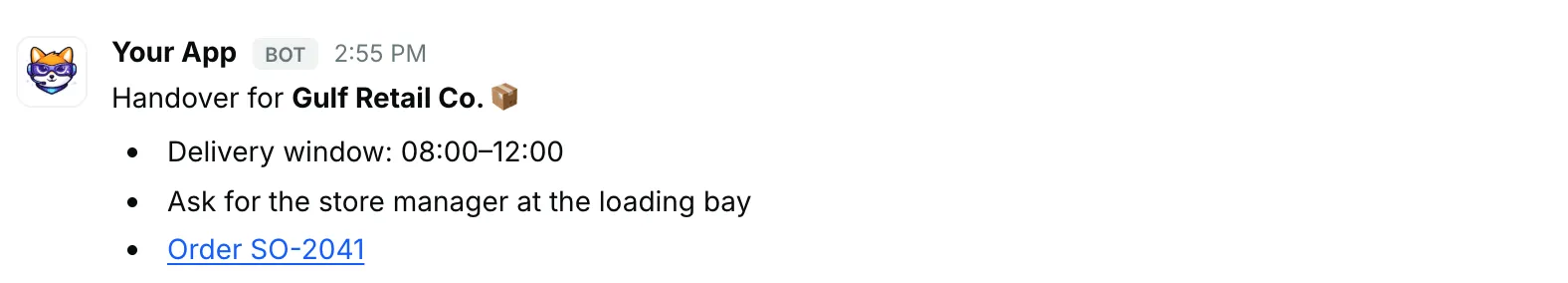 Styled text, a list and a link — how it renders in Repzo Chat