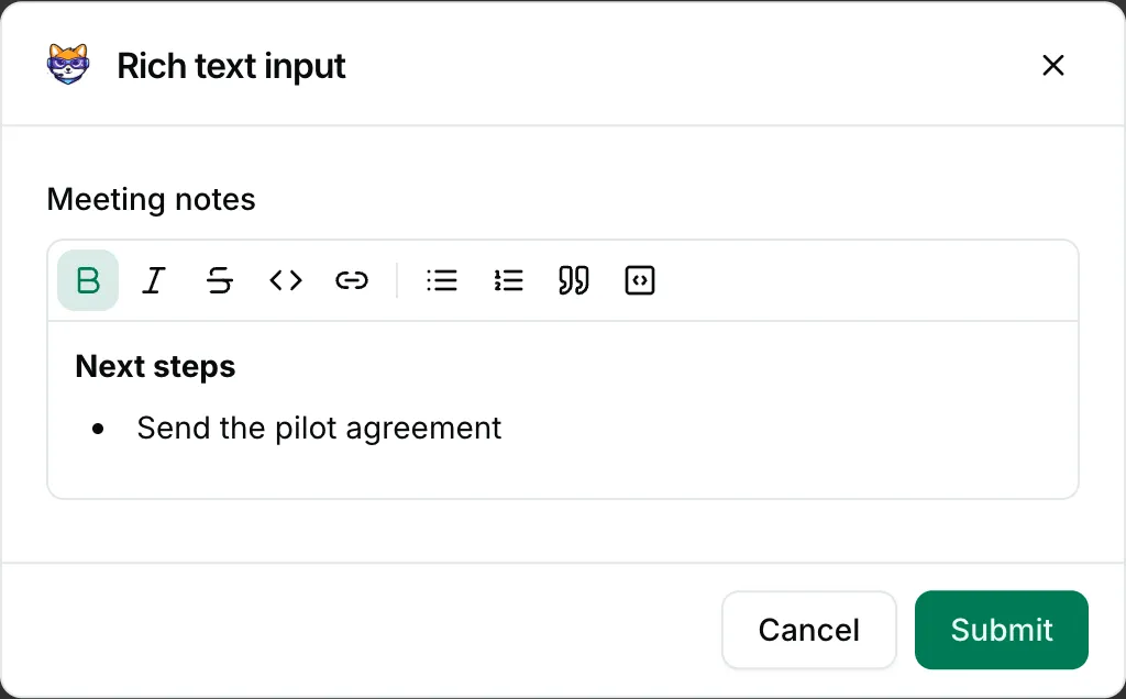 A rich text input in a form — how it renders in Repzo Chat