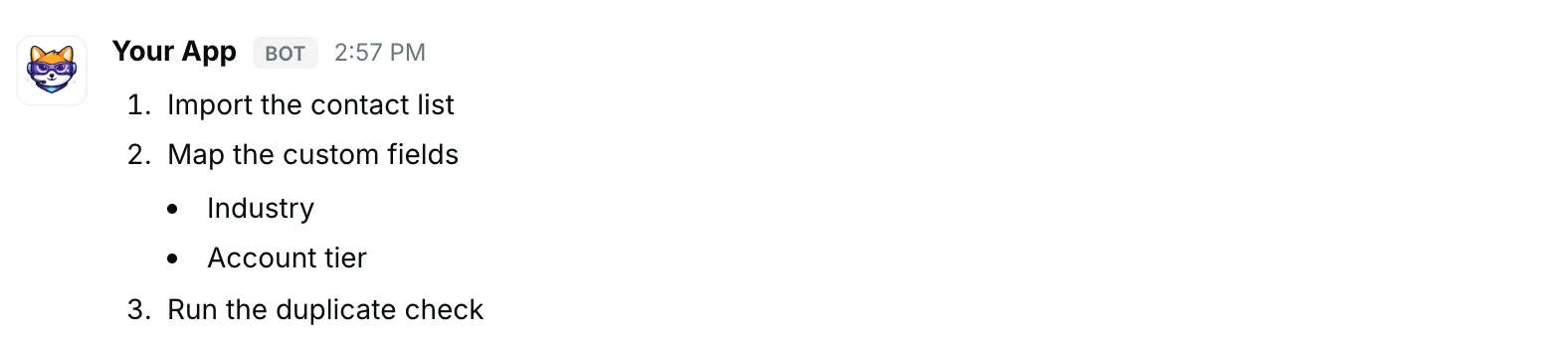 A numbered list with a nested list — how it renders in Repzo Chat