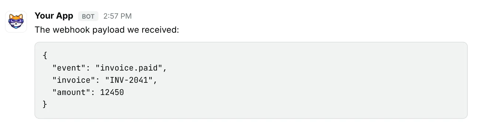 A code block — how it renders in Repzo Chat