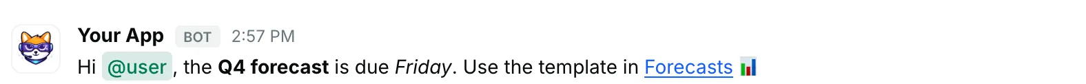 Text with styles and a mention — how it renders in Repzo Chat