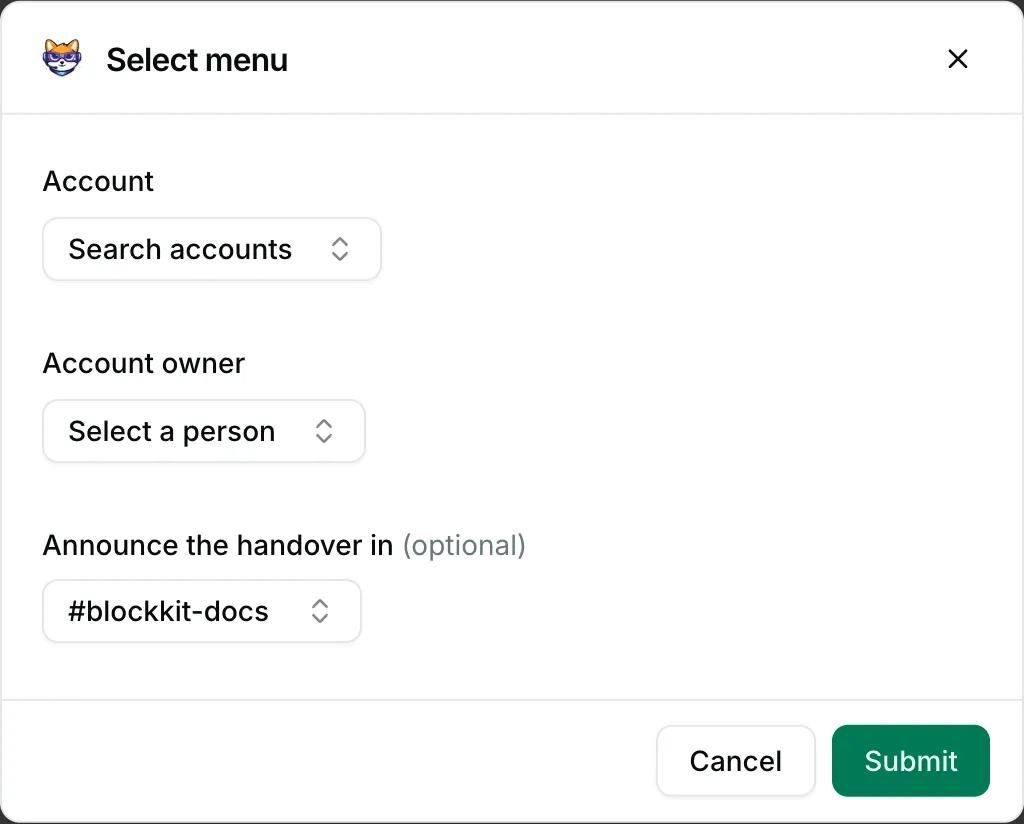 External, people and channel selects in a form — how it renders in Repzo Chat