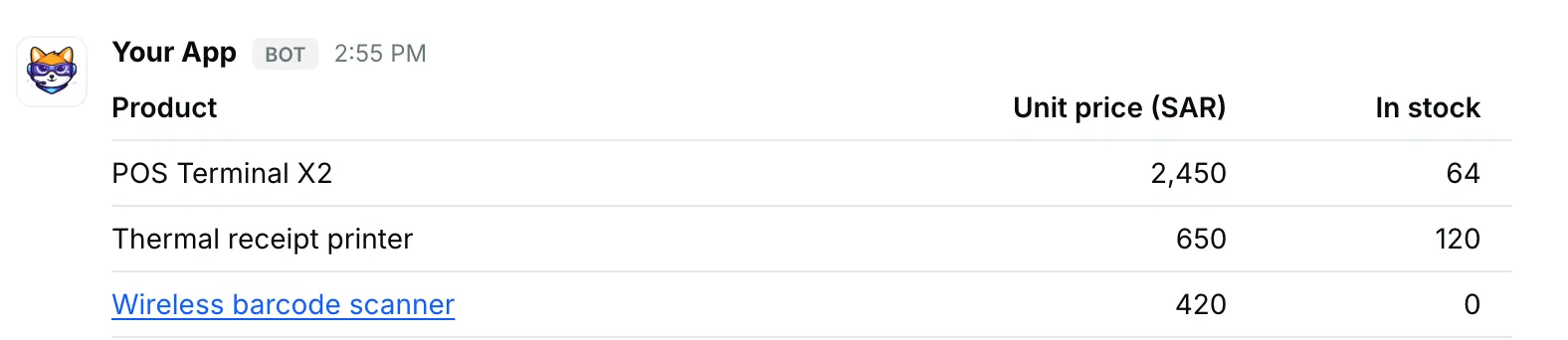 A price list with right-aligned numbers — how it renders in Repzo Chat