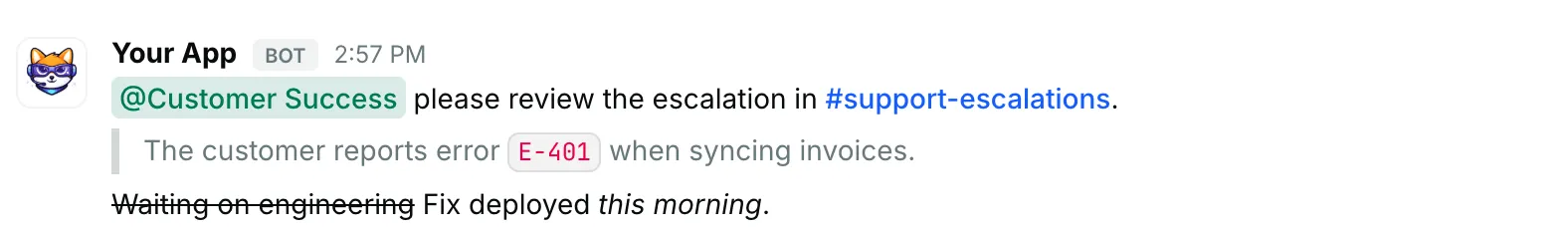 Quotes, code and mentions — how it renders in Repzo Chat