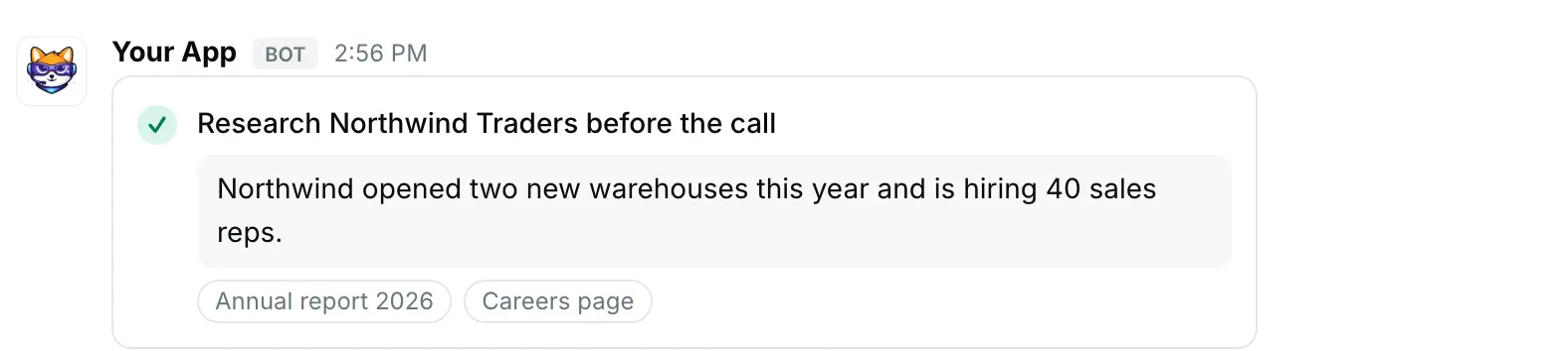Sources in a task card — how it renders in Repzo Chat